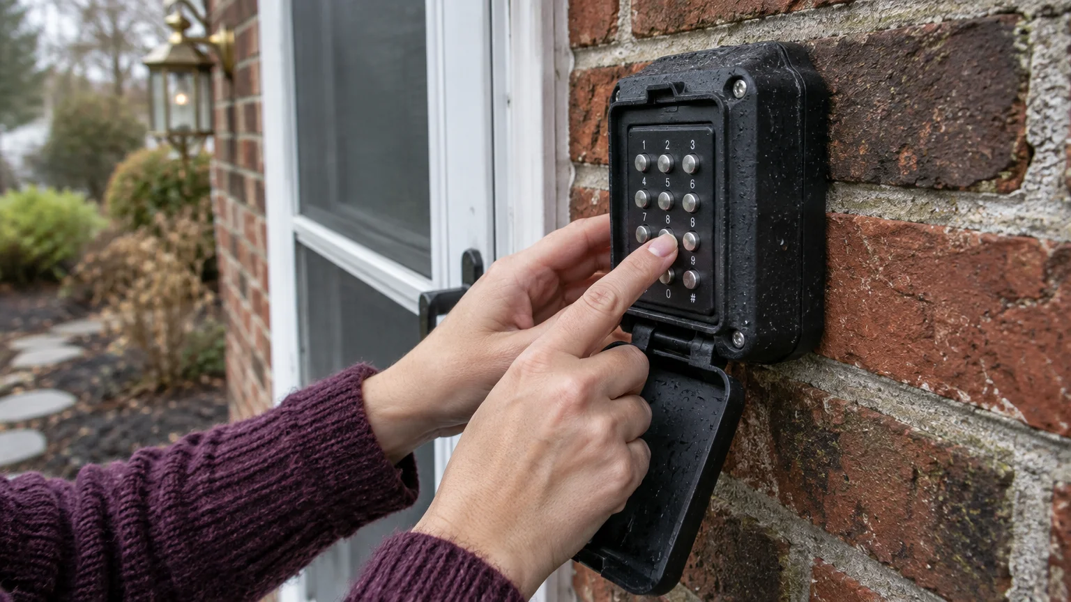 A person's hands open and press the keypad of a black lockbox mounted to a brick wall beside an exterior door.