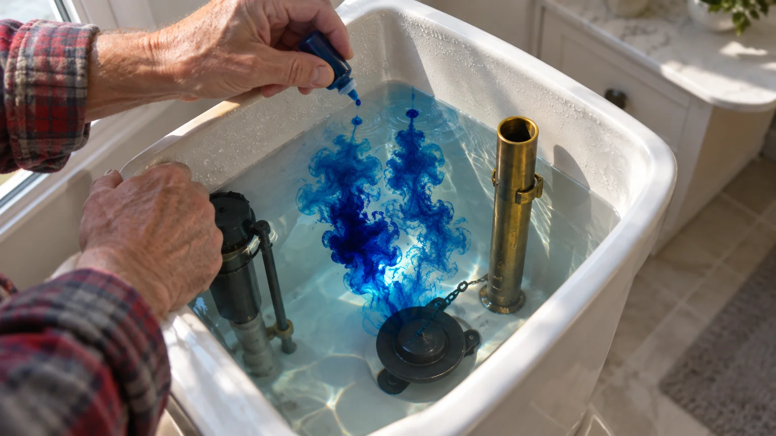 Person adding drops of blue dye into an open toilet tank filled with water, revealing the internal plumbing parts.