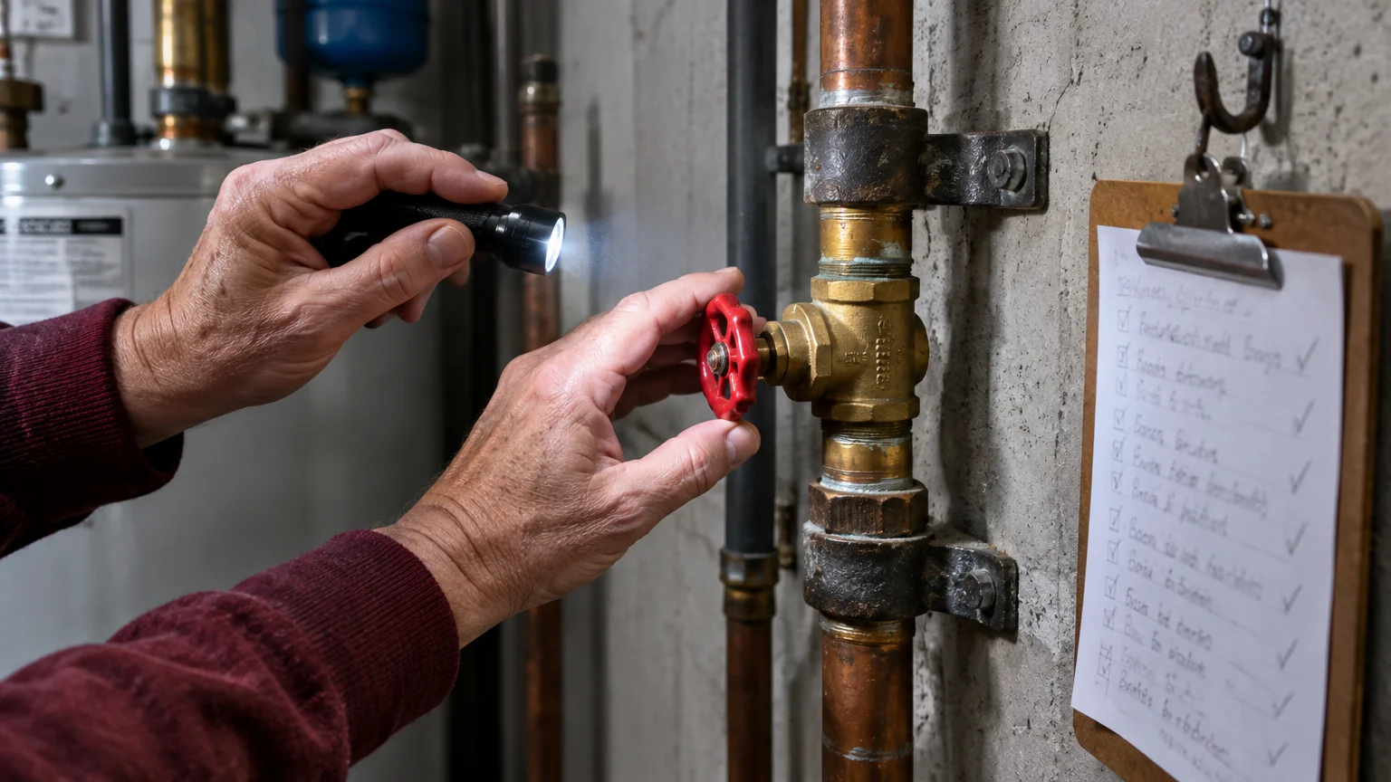 Hands holding a flashlight while turning a red valve on copper pipes beside a clipboard with a checklist.