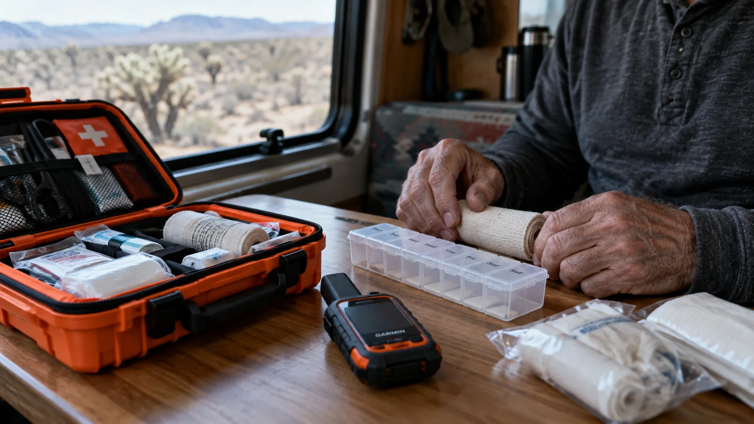A man inside an RV arranges medical supplies, including a first aid kit, bandages, pill organizer, and GPS device on a table.