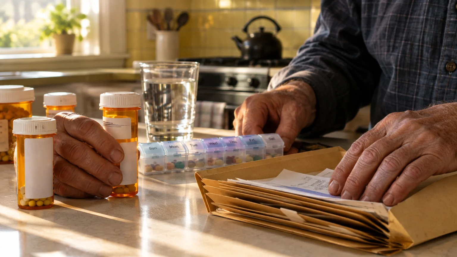 An older man's hands resting on a counter beside prescription pill bottles, a weekly pill organizer, and a paper folder.
