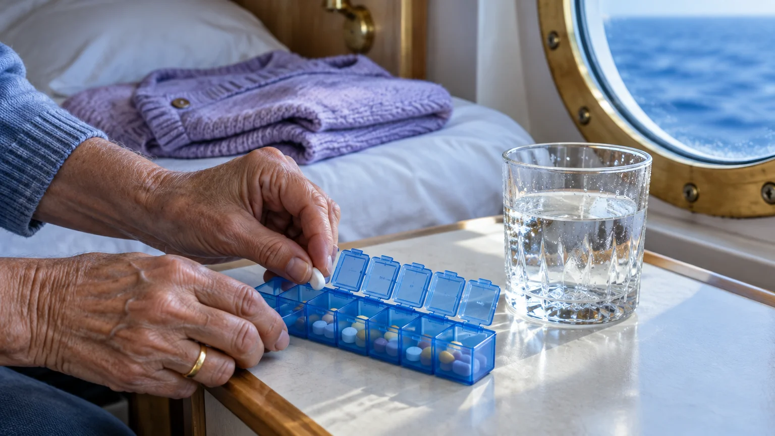 An older person takes pills from a blue organizer beside a glass of water near a cruise porthole overlooking the ocean.
