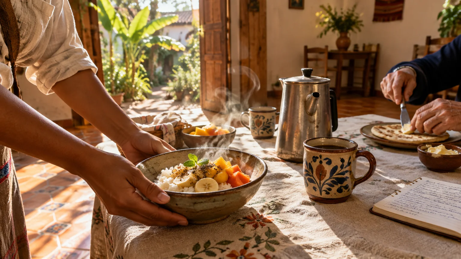 Hands serving a steaming bowl of rice and fruit on a sunny patio table beside coffee mugs, a kettle, and a diner.