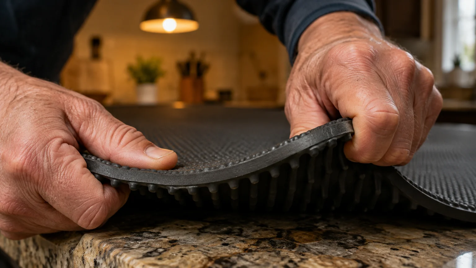 Close-up of hands bending and inspecting the flexible edge and textured underside of a black rubber floor mat on a counter.