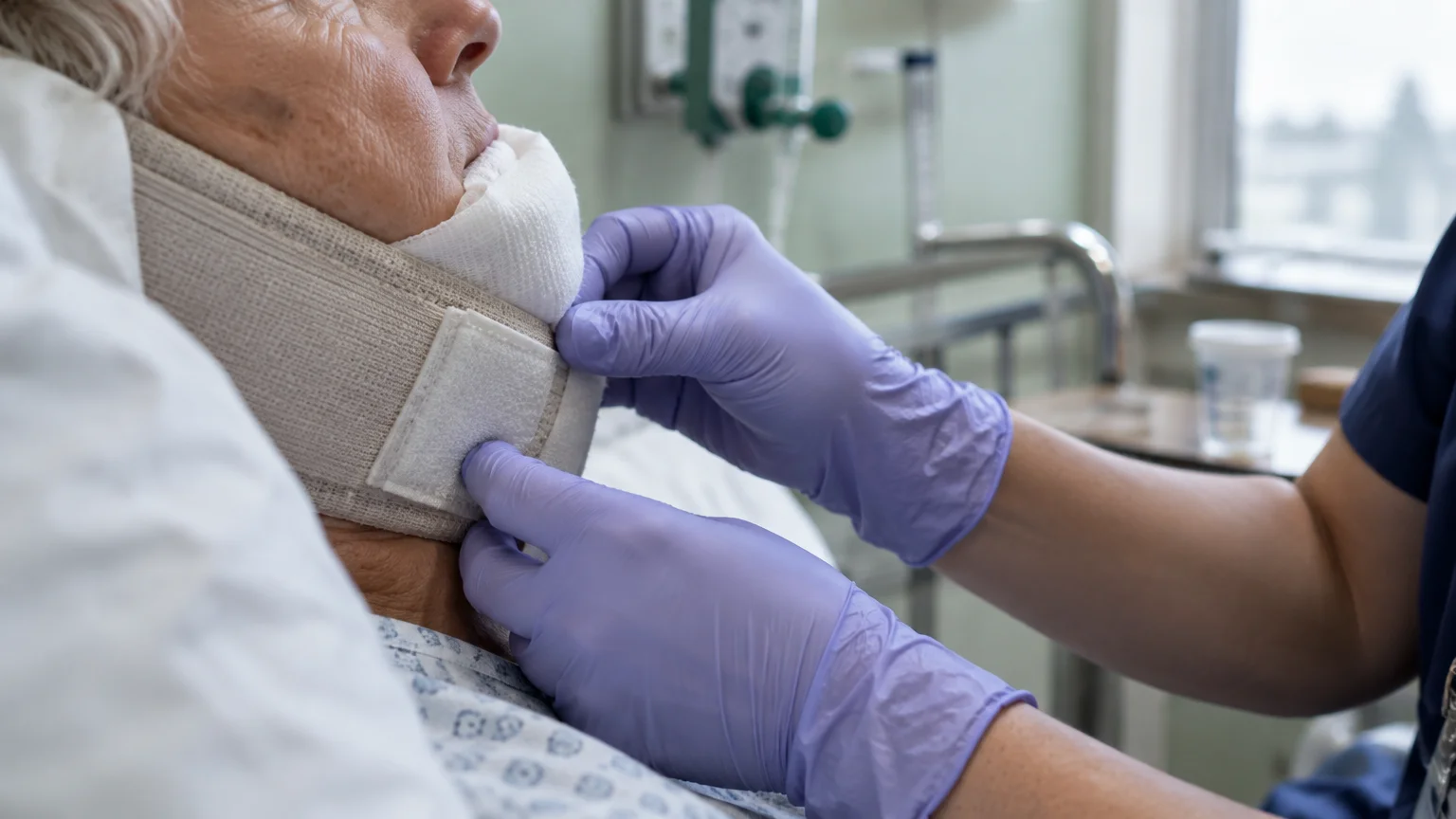 Healthcare worker wearing purple gloves adjusts a cervical collar and bandage on an elderly patient in a hospital bed.