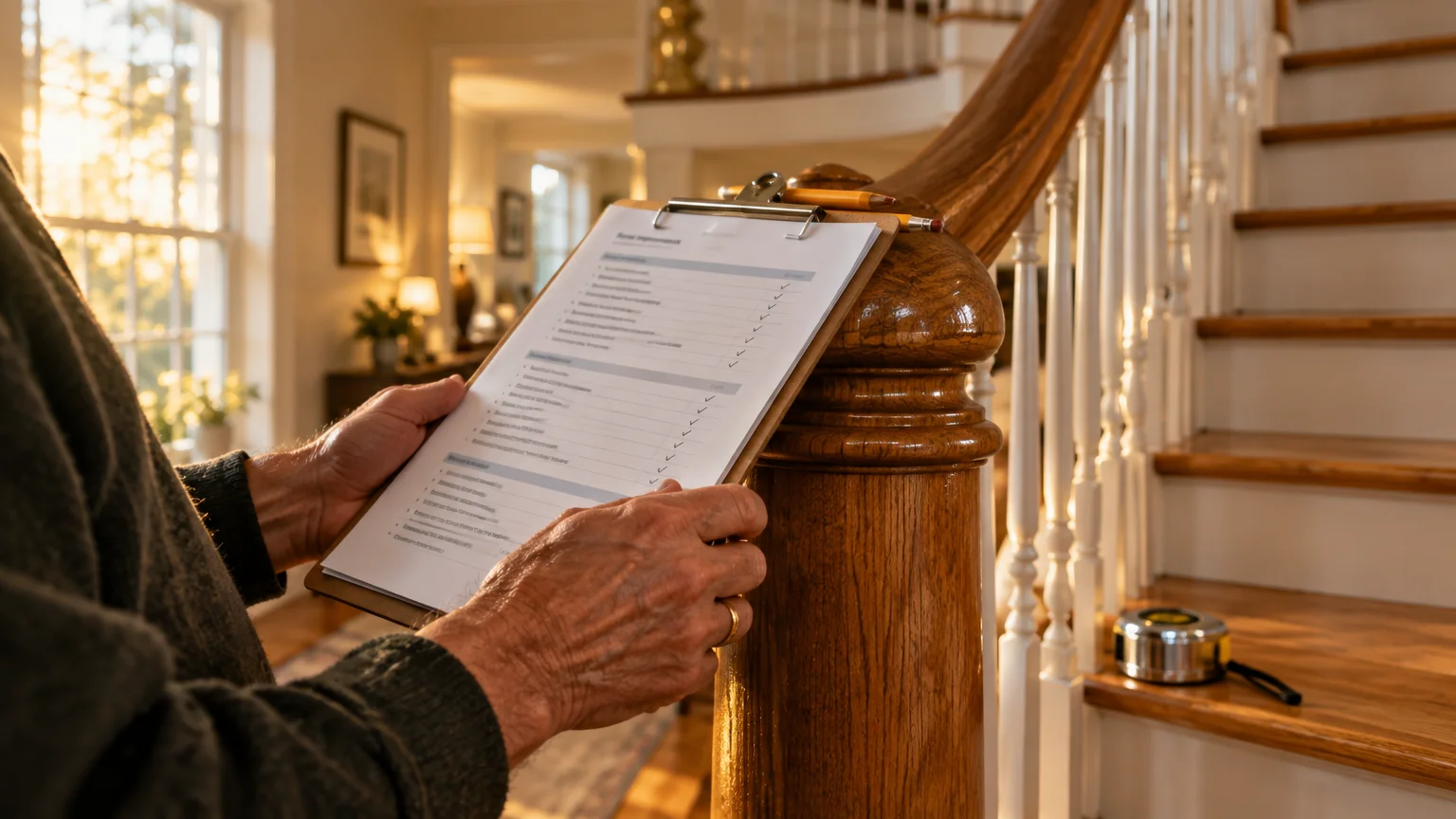 Person holding a clipboard with a checklist next to a wooden staircase newel post and banister.