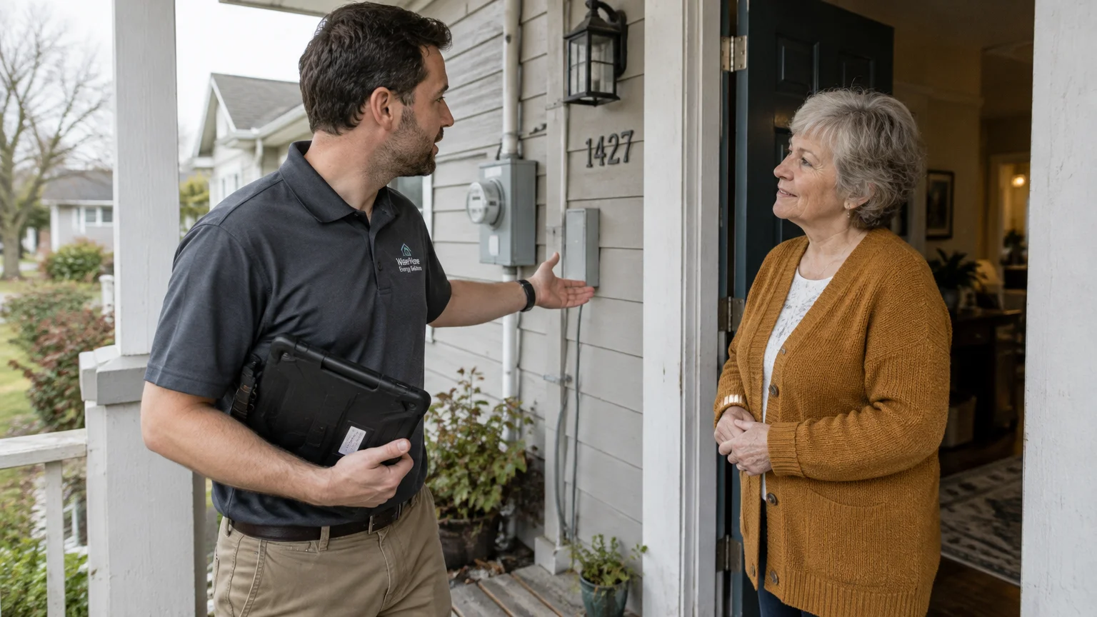A contractor with a tablet talks with a senior woman at her home entrance near an electric meter.