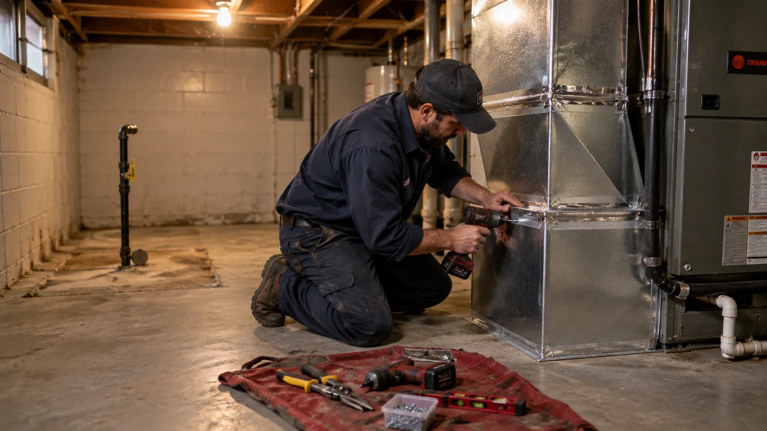 A technician kneels on a basement floor using a power drill on metal ductwork connected to an HVAC unit.