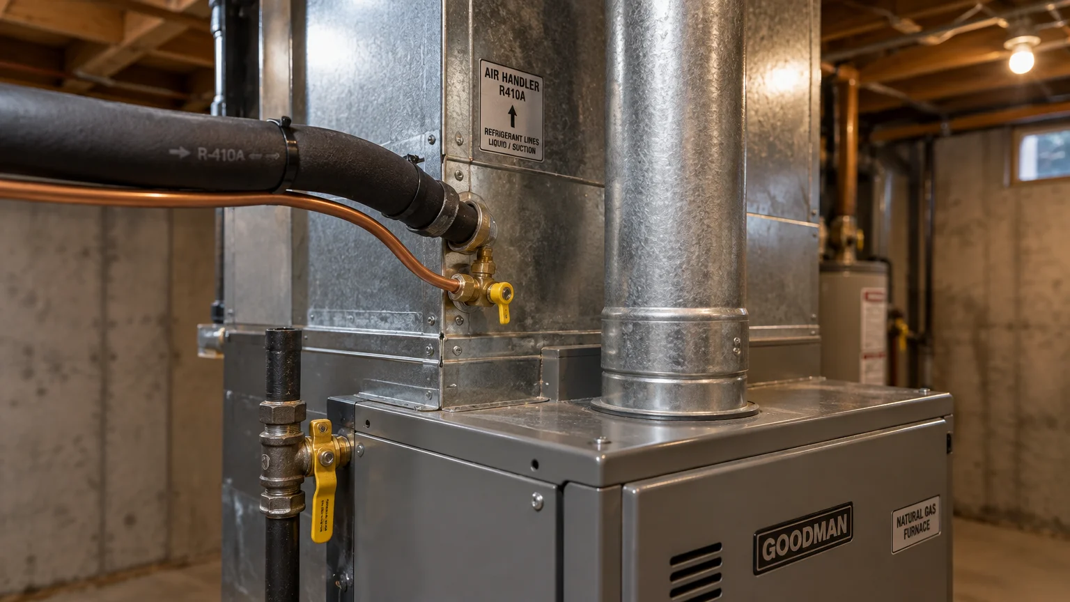 Indoor Goodman natural gas furnace and air handler unit with metal ductwork and refrigerant piping in a basement.