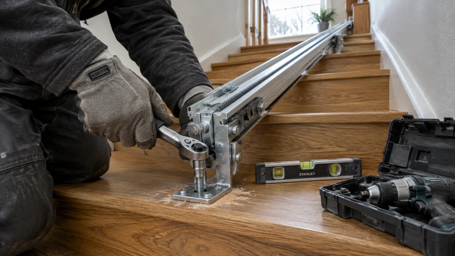 A worker in work gloves uses a socket wrench to bolt a metal stair lift rail into a wooden stair tread.