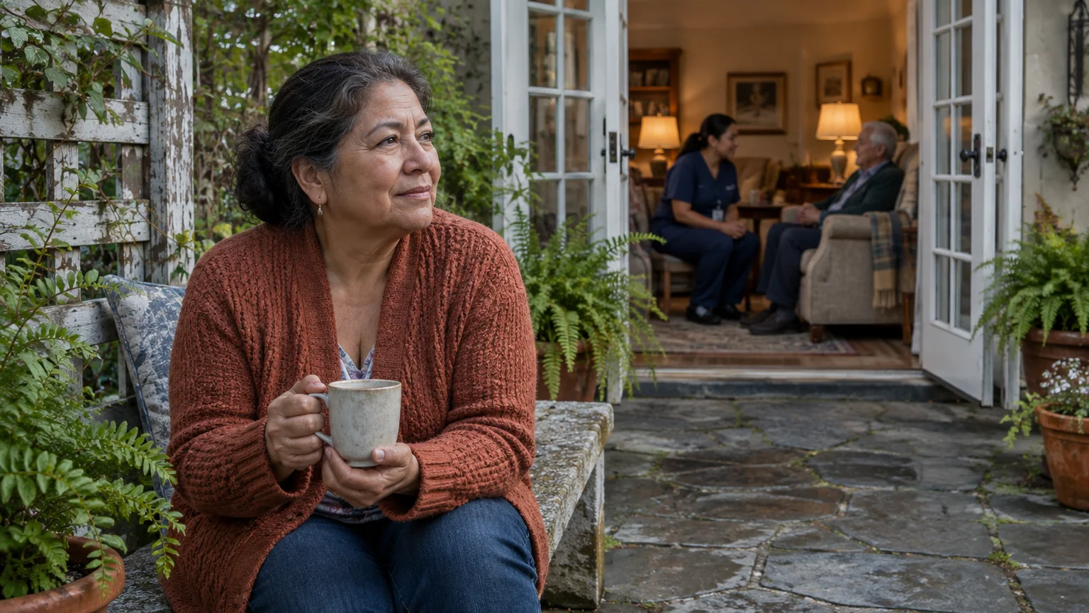 A woman sits on a stone patio holding a mug while a visiting caregiver tends to an elderly man indoors.