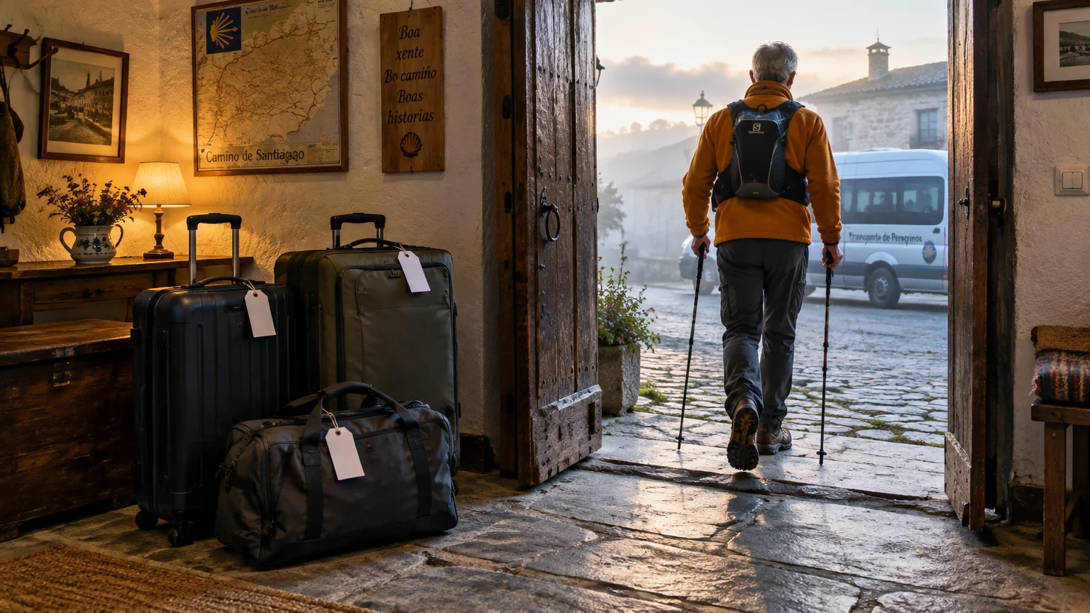 A pilgrim with a small backpack and trekking poles exits a doorway past tagged luggage waiting inside a guesthouse.