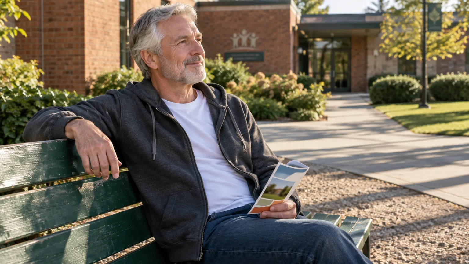 Smiling man with grey hair sitting on an outdoor park bench while holding a brochure in front of a brick building.