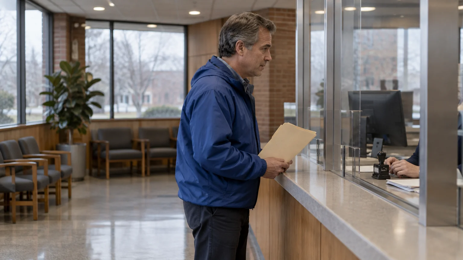 A man in a blue jacket holding a folder stands at a glass service counter inside an office lobby.