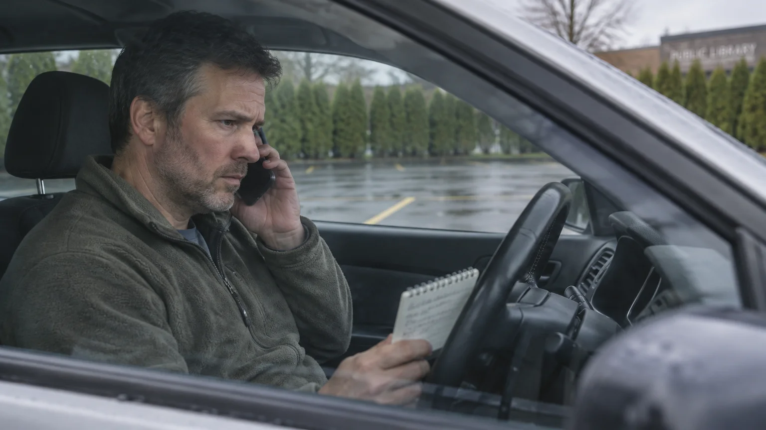 Man sitting in a car talking on a cell phone while looking down at notes in a small spiral notebook.