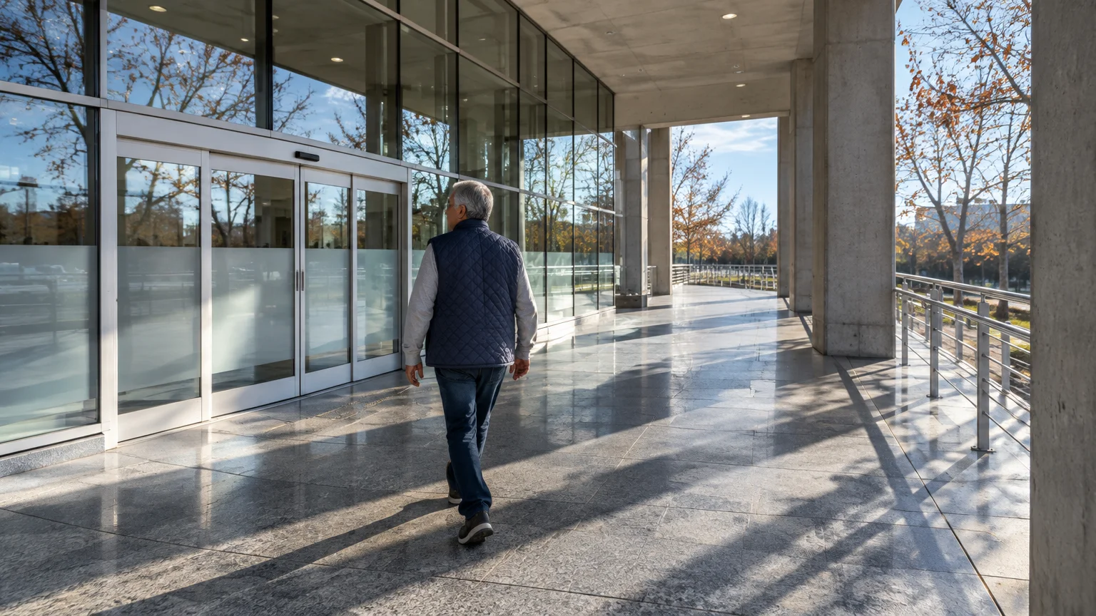 A man in a blue vest walks toward glass doors along an outdoor corridor lined with concrete pillars.
