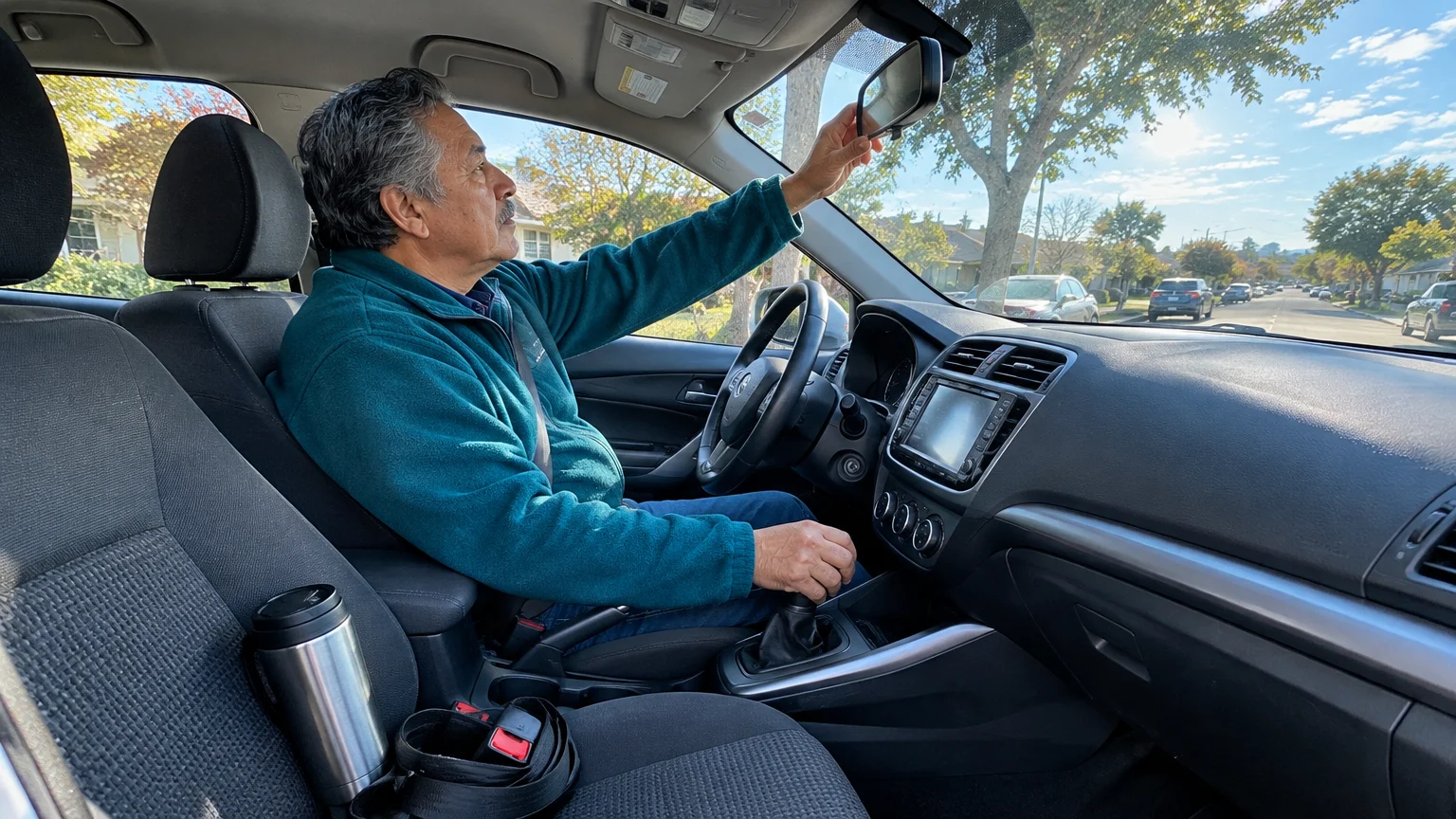 A man adjusts the rearview mirror while sitting in the driver's seat of a car.