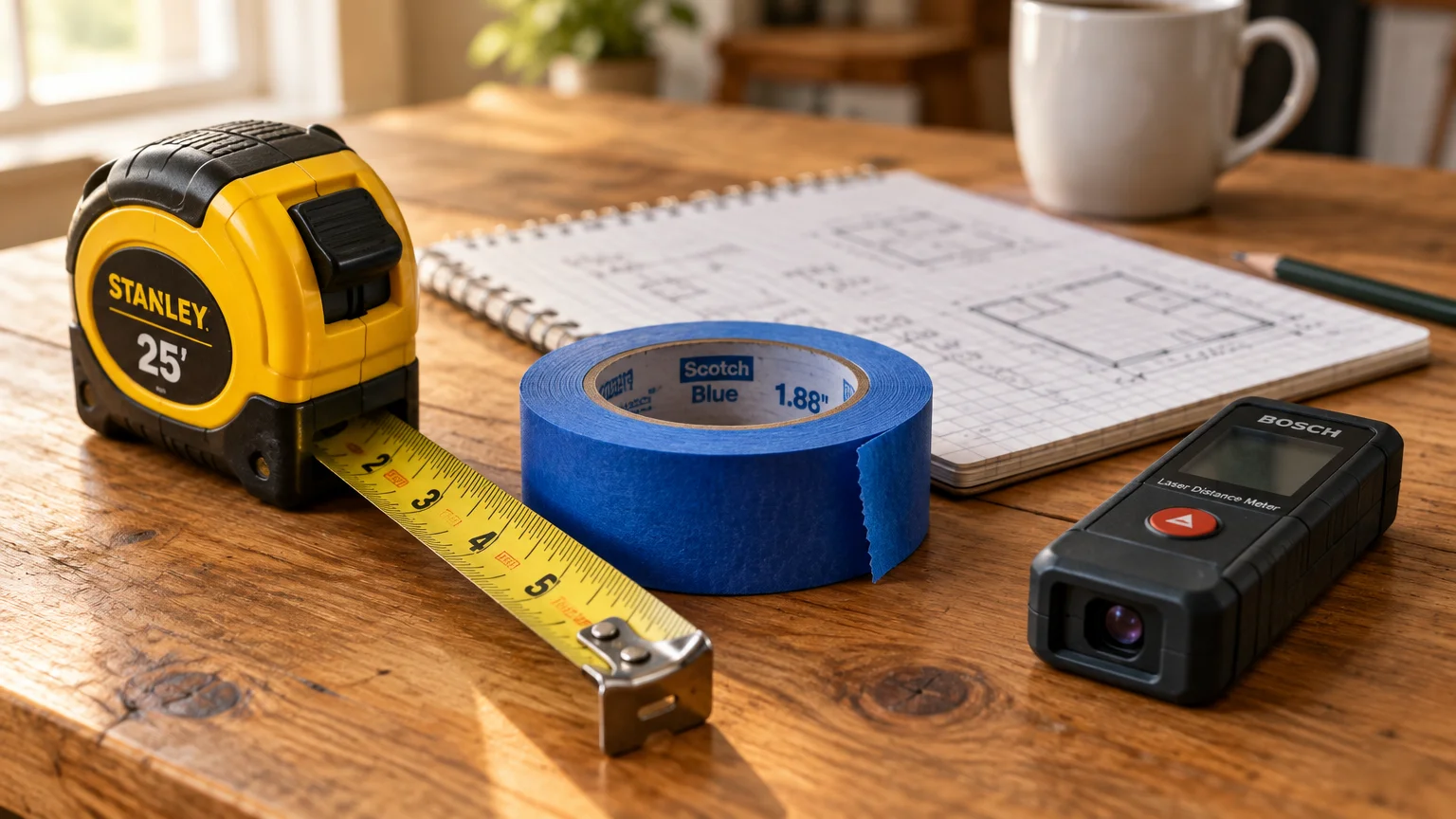 Yellow tape measure, blue painter's tape, and a laser distance meter on a wooden table with a sketch notebook.