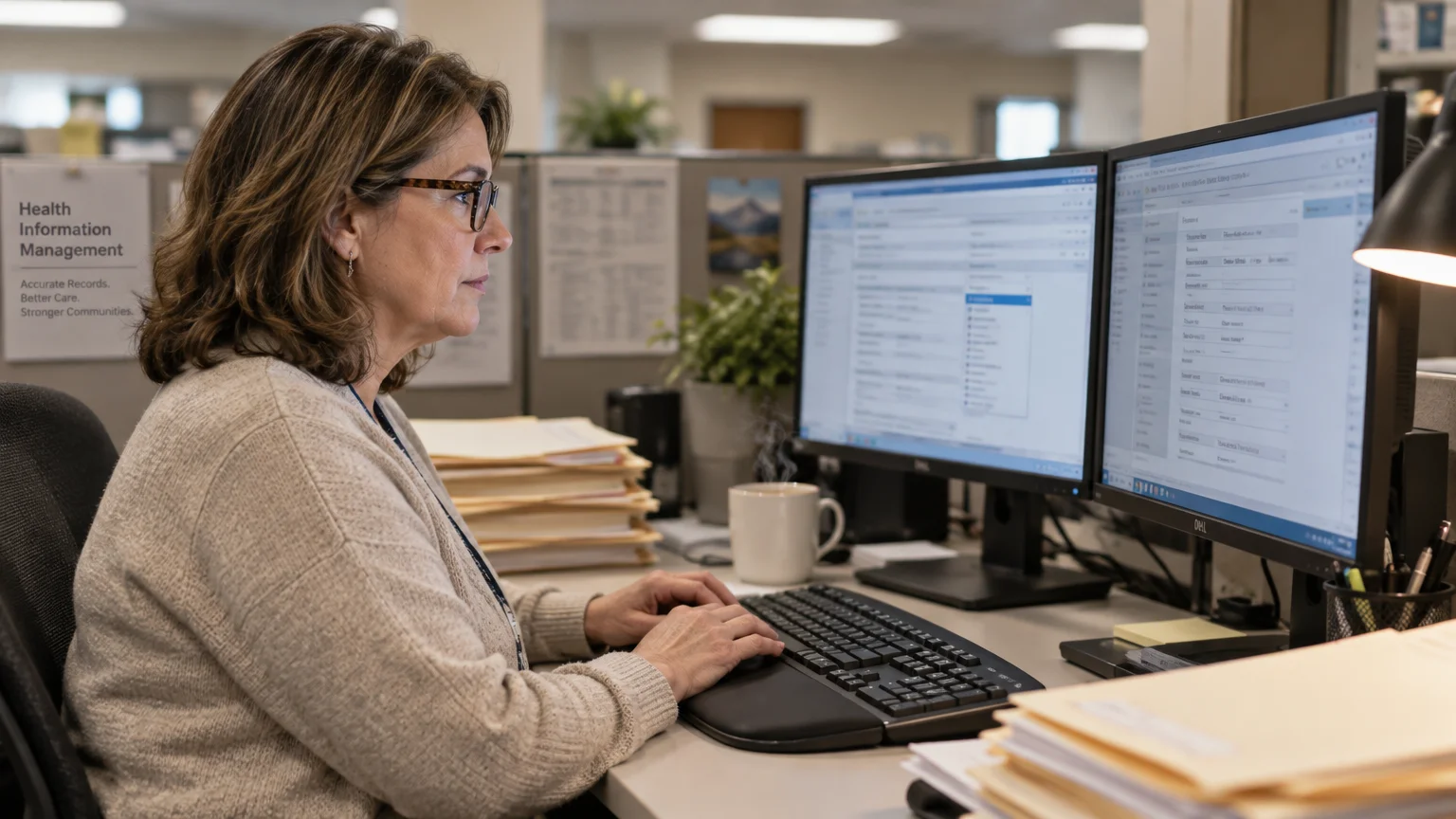 A woman wearing glasses types on a keyboard while reviewing files on two computer monitors in an office cubicle.