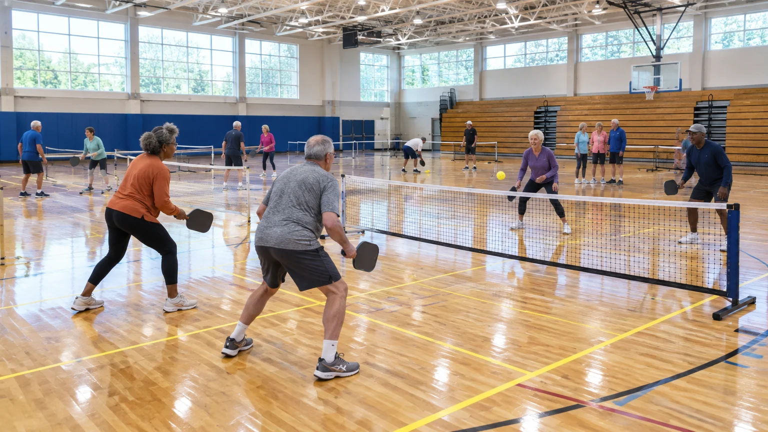 Older adults playing pickleball on wooden indoor gymnasium courts divided by portable nets.