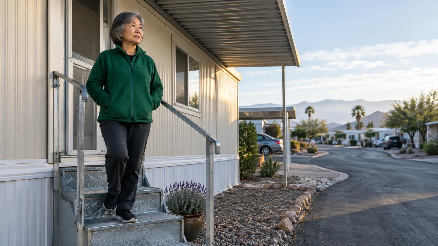 An older woman in a green jacket walks down the metal steps of a manufactured home in a mobile home park.
