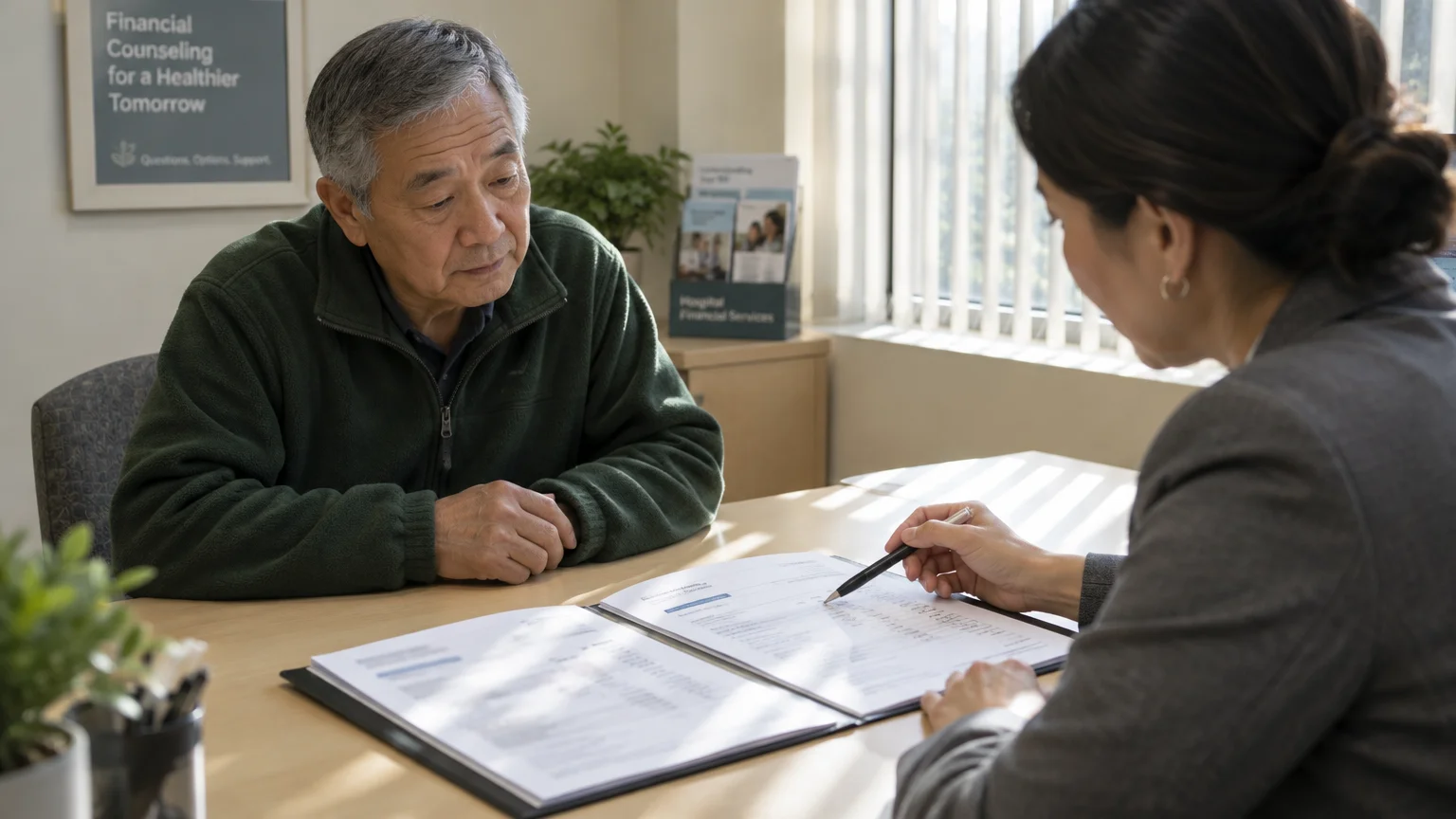 A counselor in an office points with a pen to paperwork on a desk while explaining it to an older man.