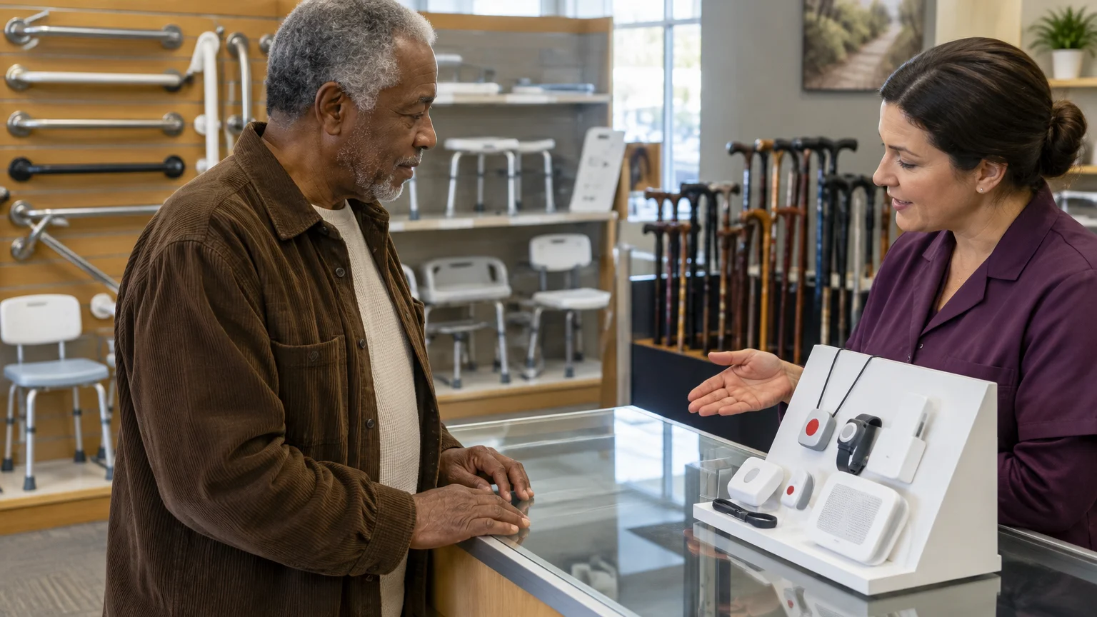 A store clerk showing wearable personal emergency response devices on a counter display to an older man.