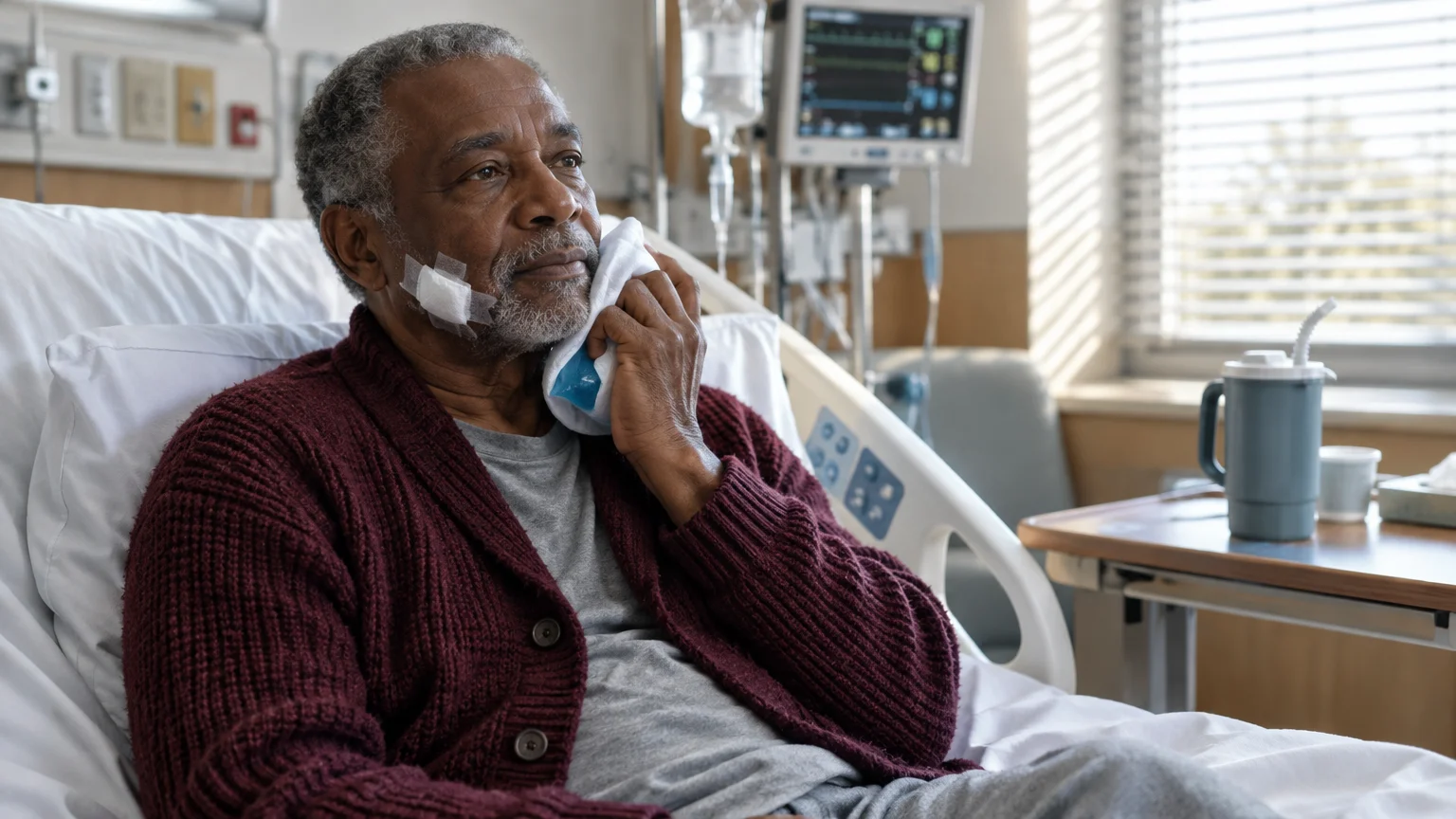 Senior man sitting in a hospital bed with a bandage and ice pack pressed against his injured cheek and jaw.