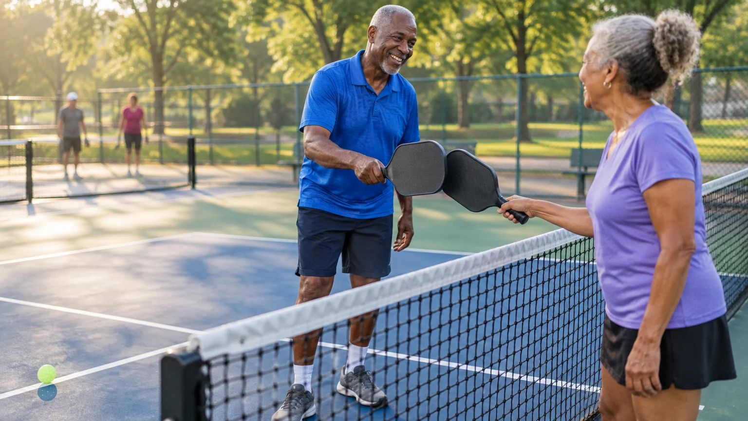 A smiling older man and woman tap pickleball paddles together over a net on an outdoor court.
