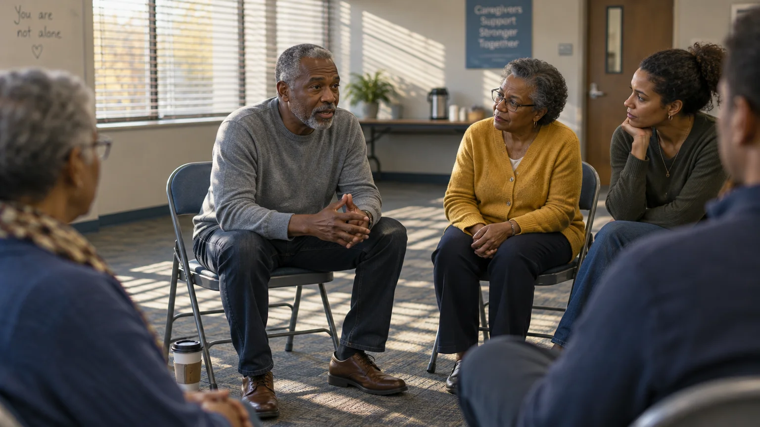 Adults sitting in folding chairs in a circle during a support group meeting in a brightly lit room.