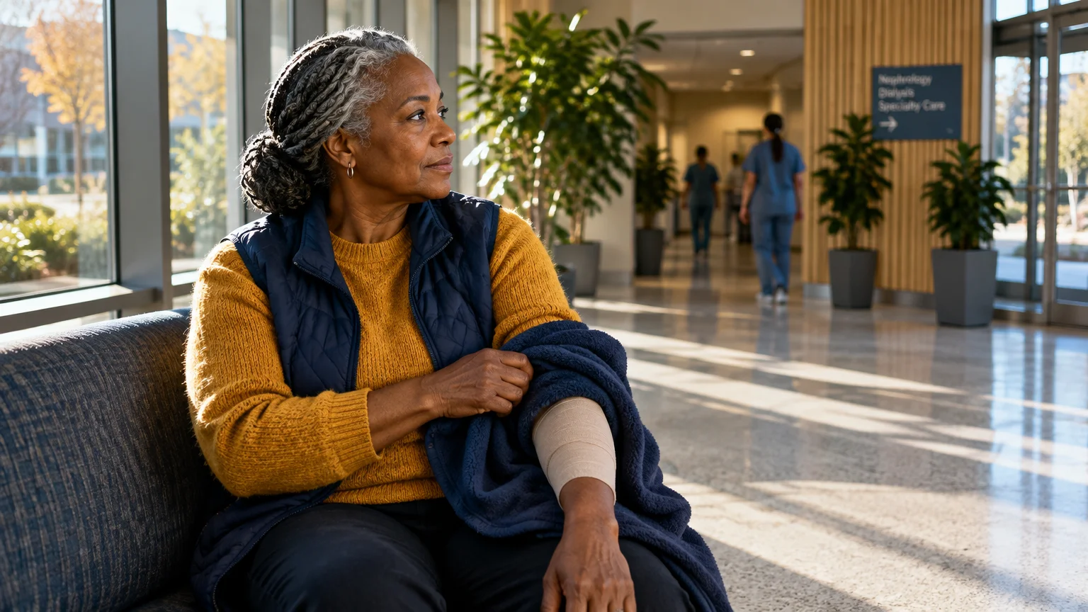 Older woman with a bandaged arm sits on a couch in a sunlit hospital lobby as nurses walk in the background.