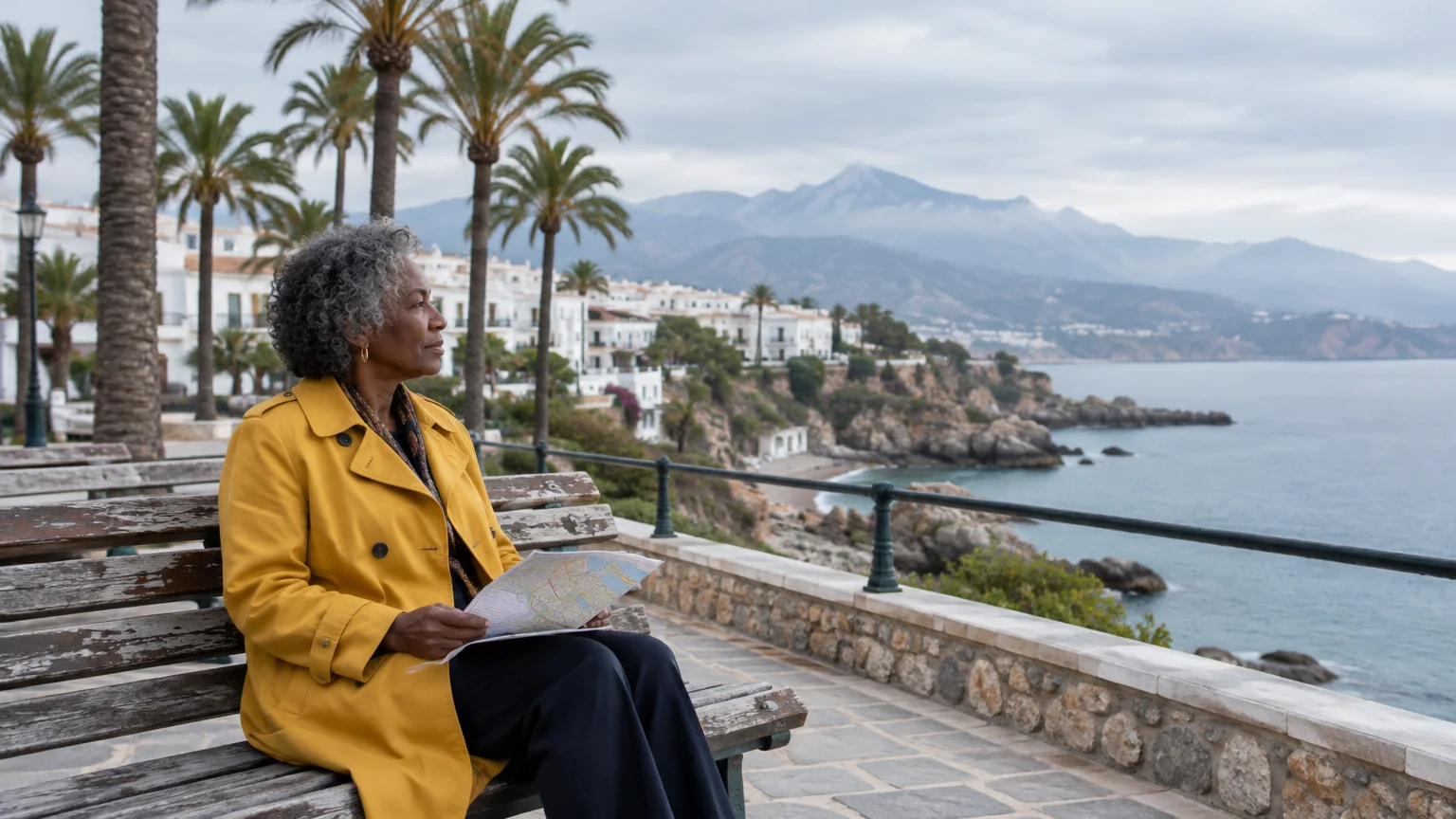 Woman in a yellow coat sits on a wooden bench holding a map, overlooking coastal whitewashed buildings and mountains.