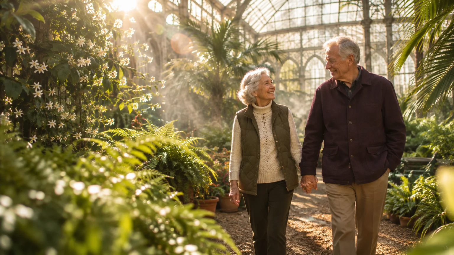 An older smiling couple walks hand in hand down a path inside a sunlit greenhouse filled with lush plants.