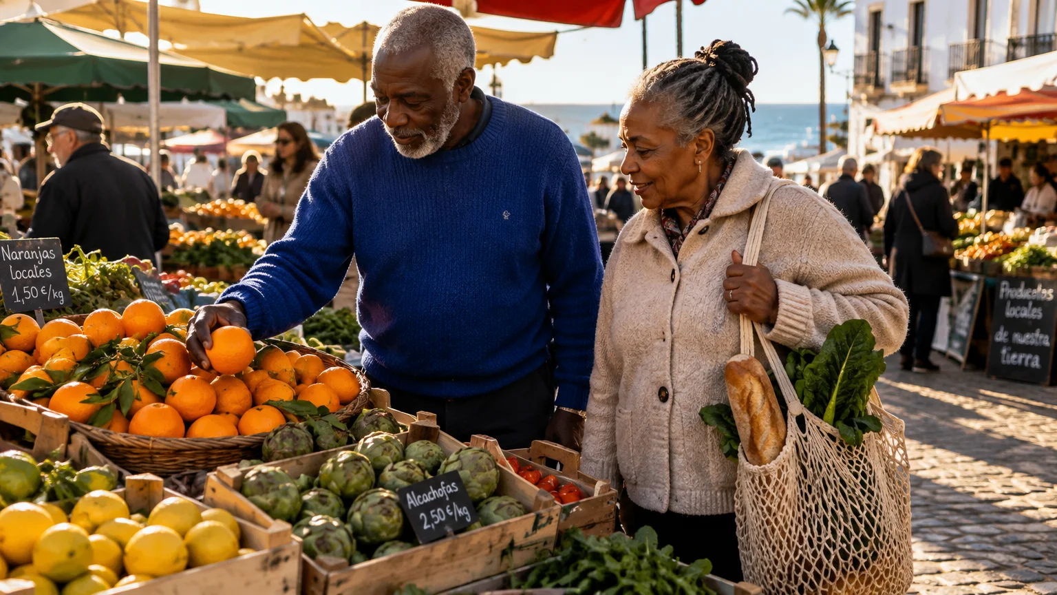 An older Black couple shops for fresh oranges and produce at a sunny outdoor market near the coast.