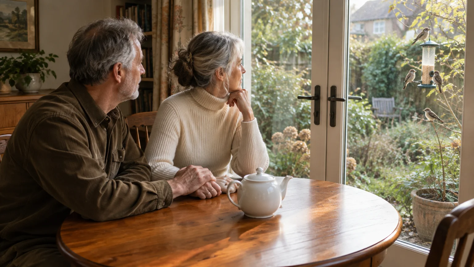 Older couple sitting at a wooden table looking through a glass door at birds around a garden feeder.