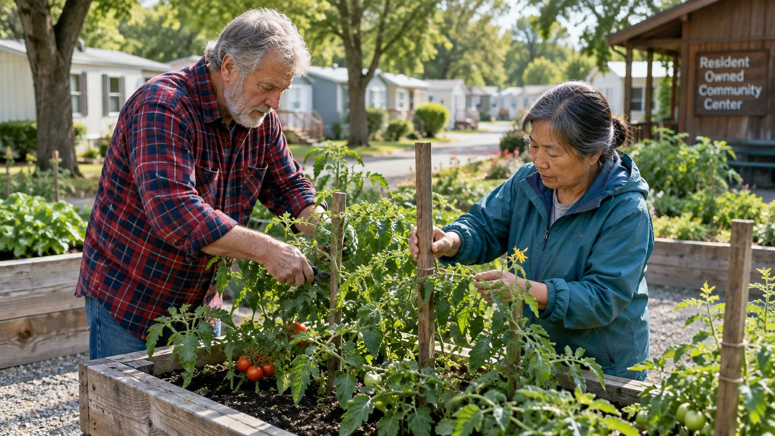 A man and woman tend tomato plants in a raised garden bed outside a resident-owned community center.
