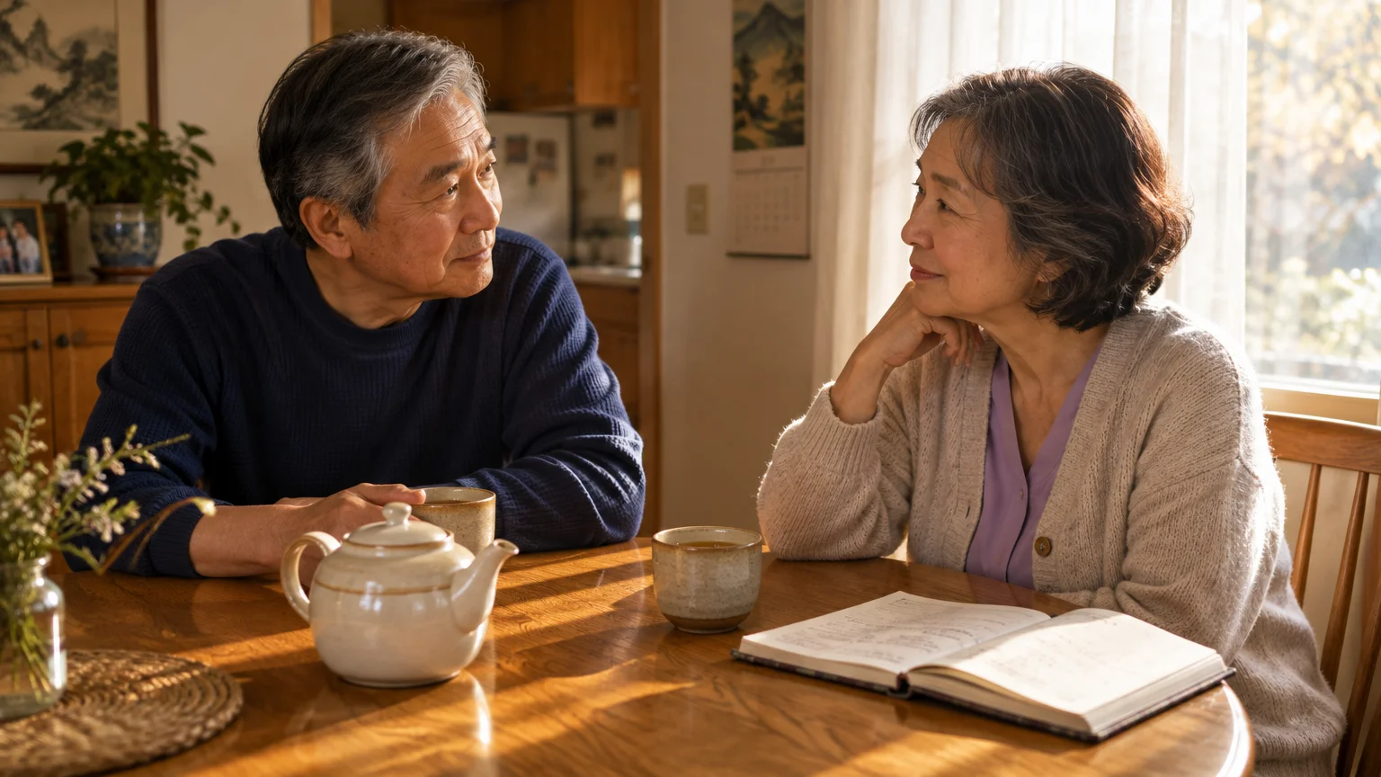 An older Asian couple sits at a wooden dining table with tea and an open book, looking at each other.