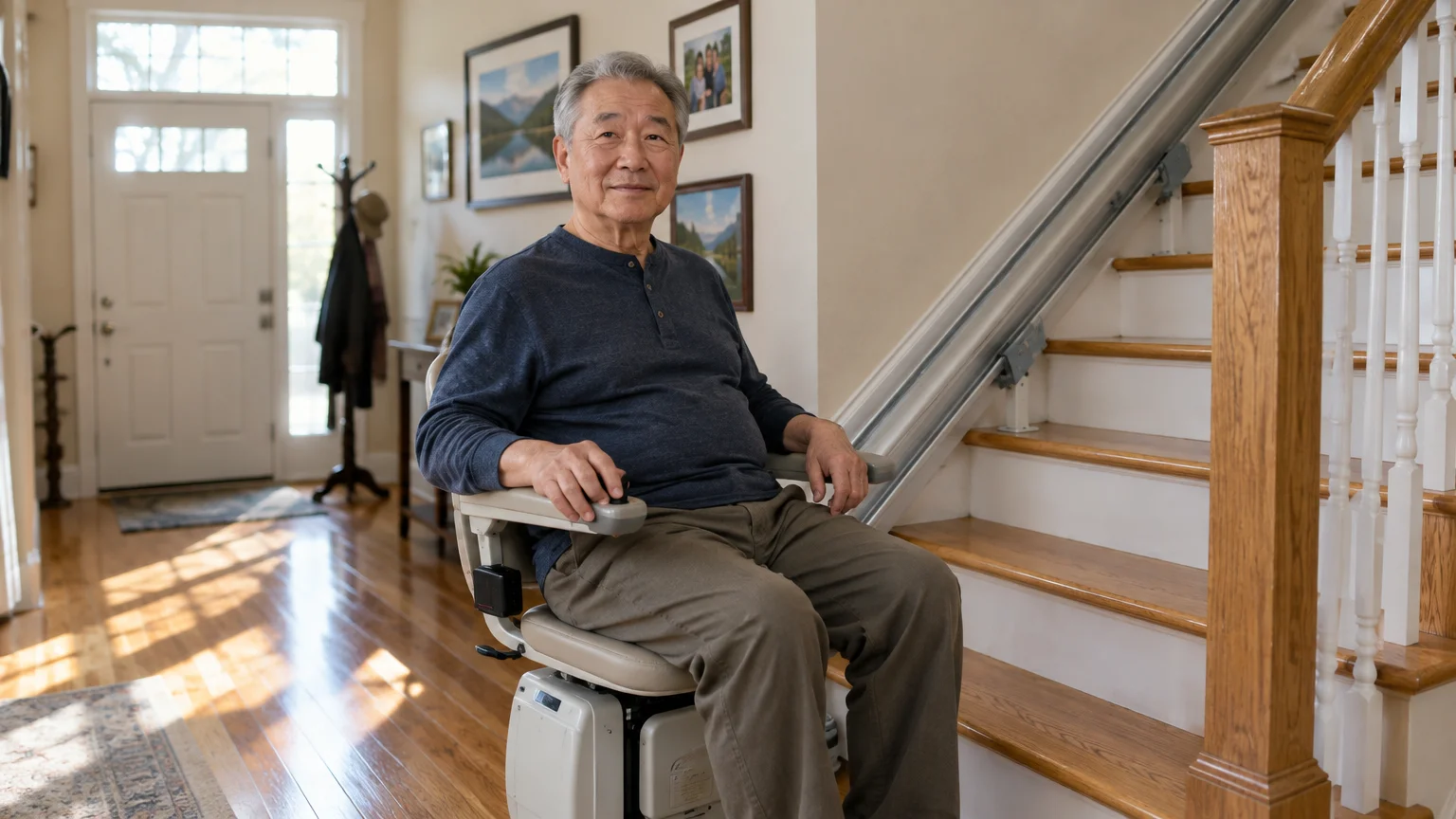 Senior man sitting on a motorized chair lift installed on a home staircase.