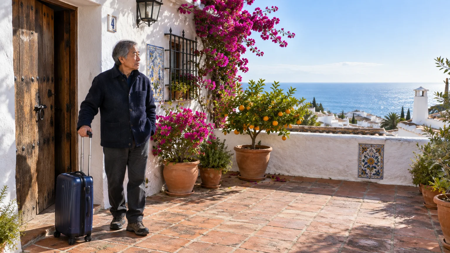 Older man with rolling luggage standing on a sunlit tiled terrace overlooking the Mediterranean sea.