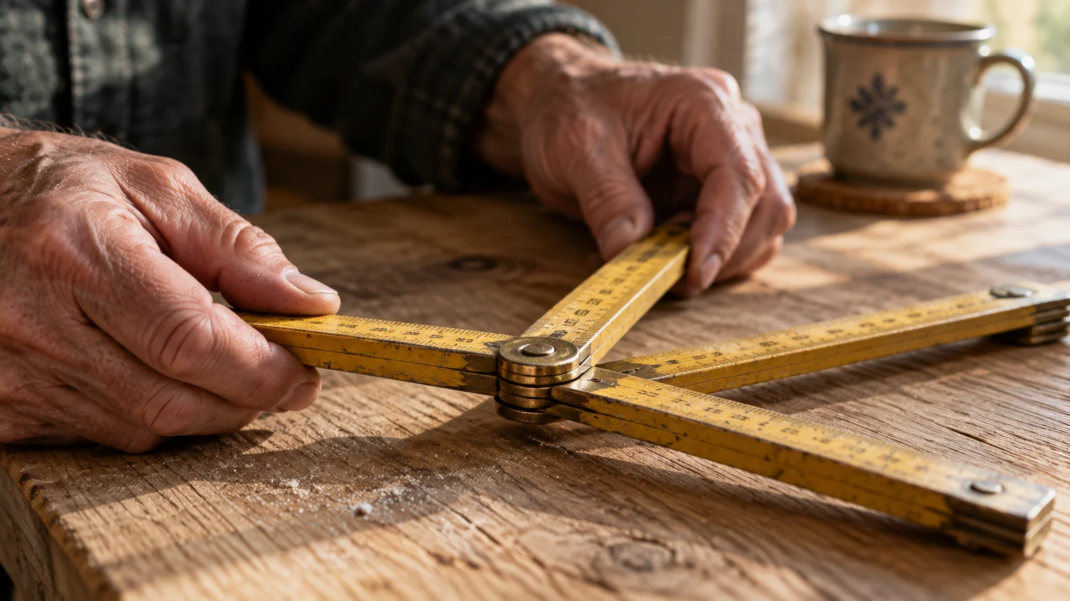 Close-up of elderly hands unfolding an old yellow wooden folding ruler on a rustic wooden table next to a mug.