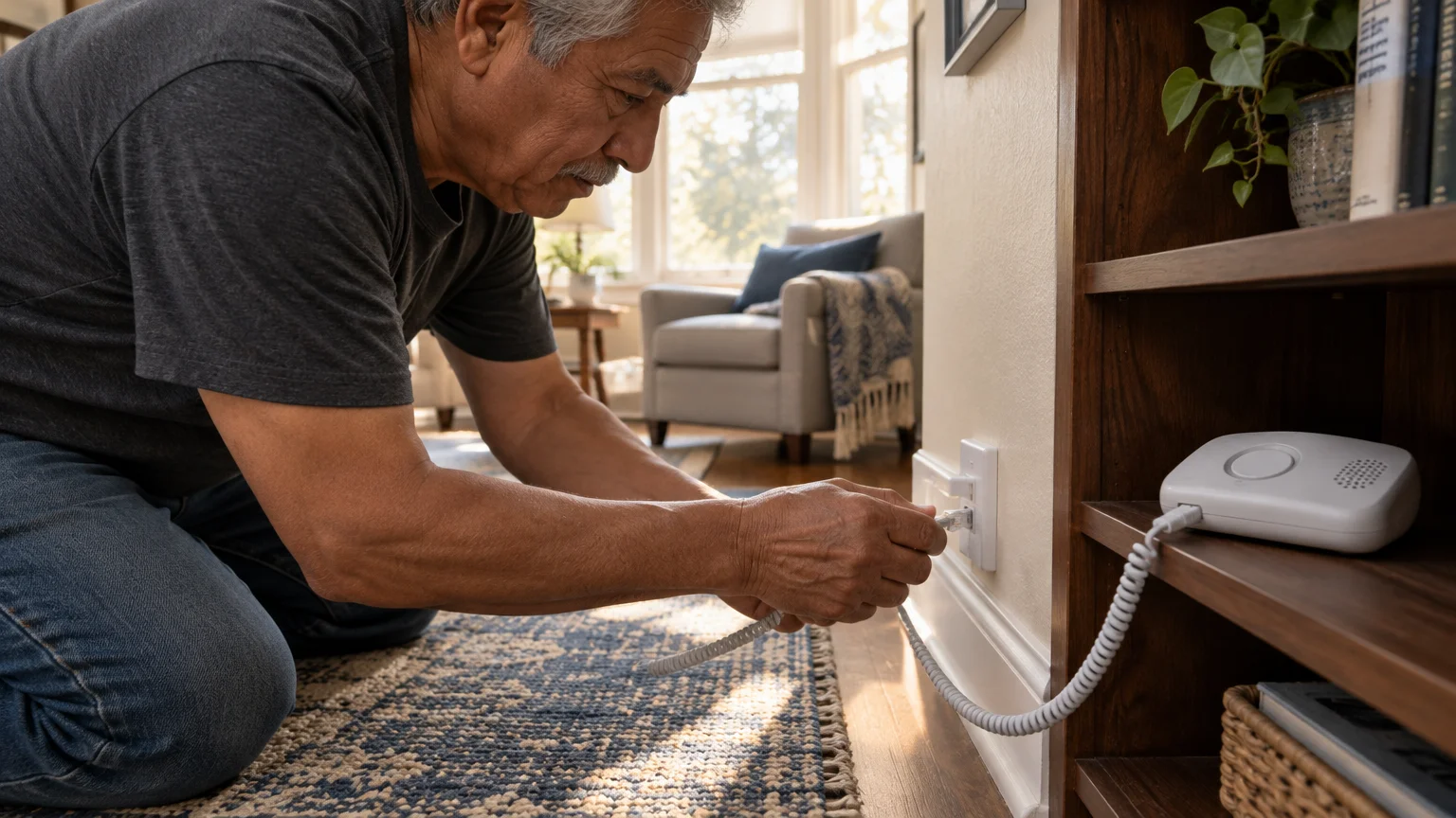A senior man kneels on a living room rug while plugging a white emergency alert base station into a wall jack.