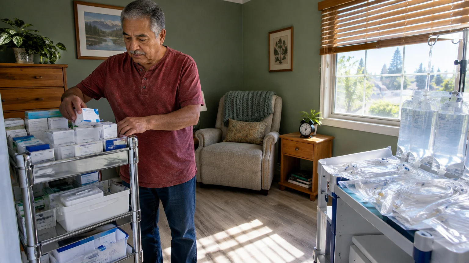 A man organizes medical supply boxes on a metal cart near IV bags hanging beside a living room window.