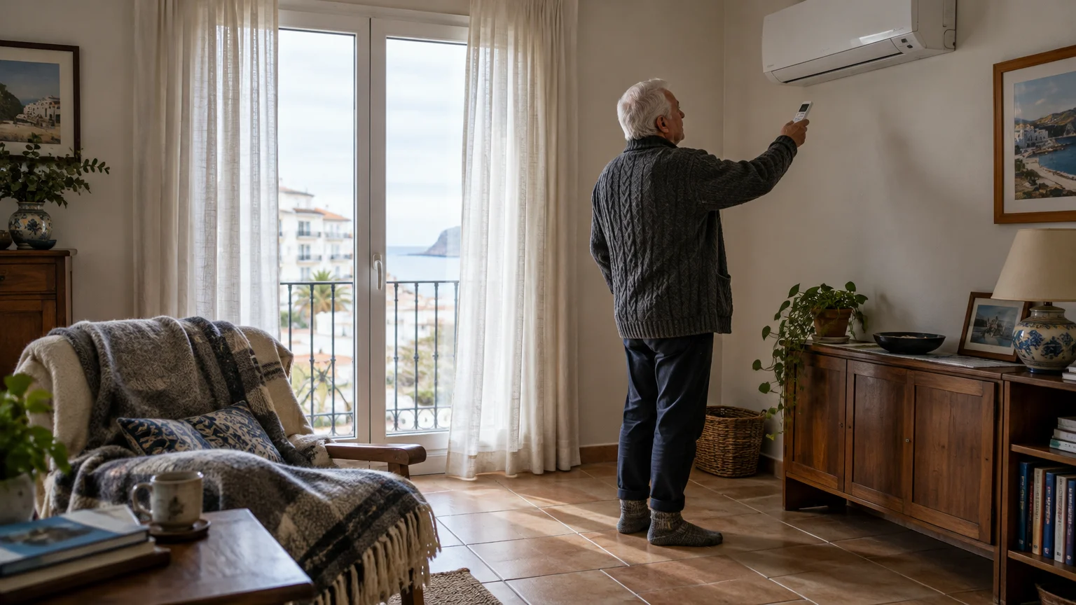 A man in a knit cardigan points a remote control at a wall-mounted mini-split AC unit in a tiled living room.