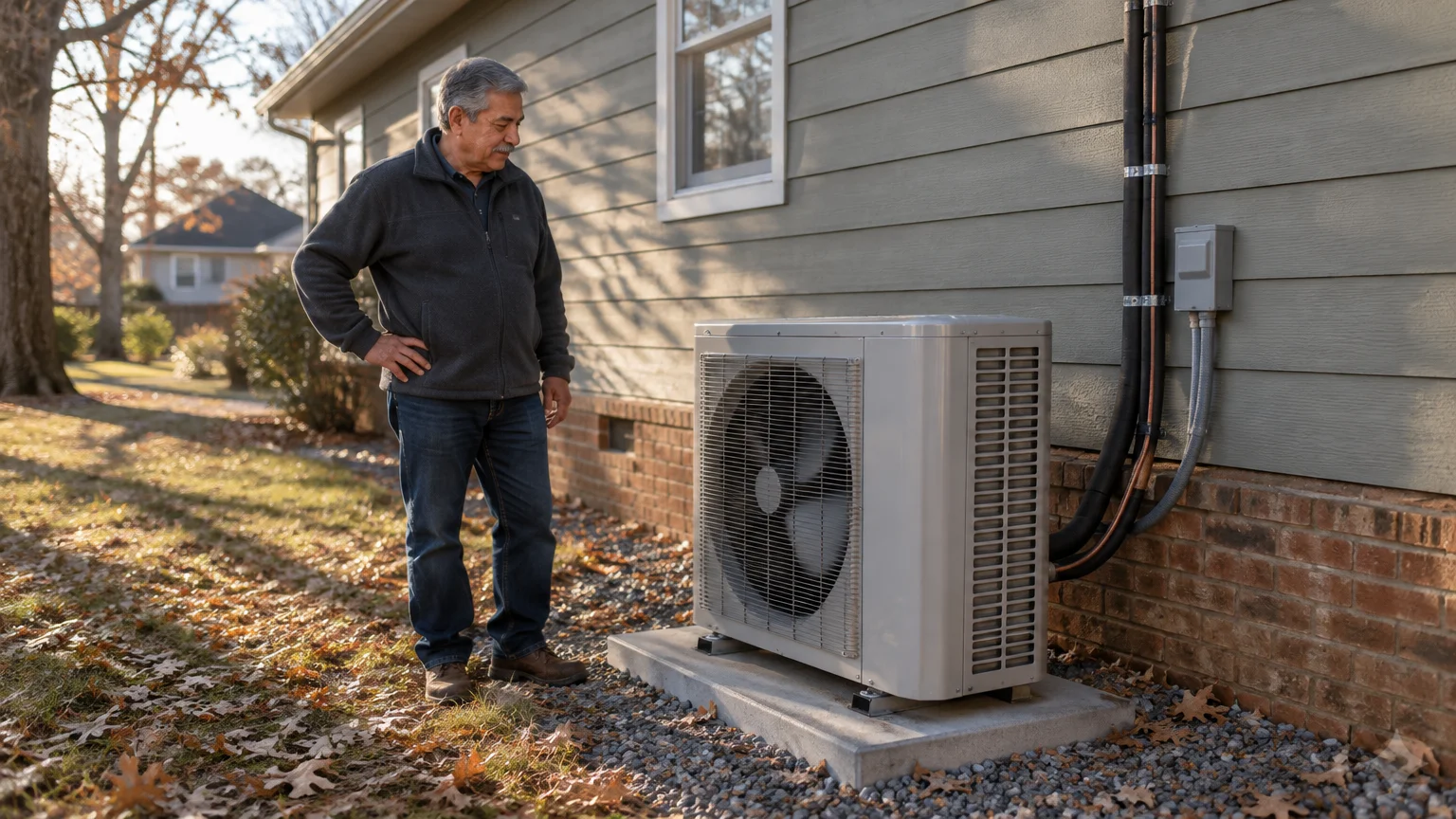 Older man standing outdoors next to a modern heat pump unit installed along the exterior wall of a house.