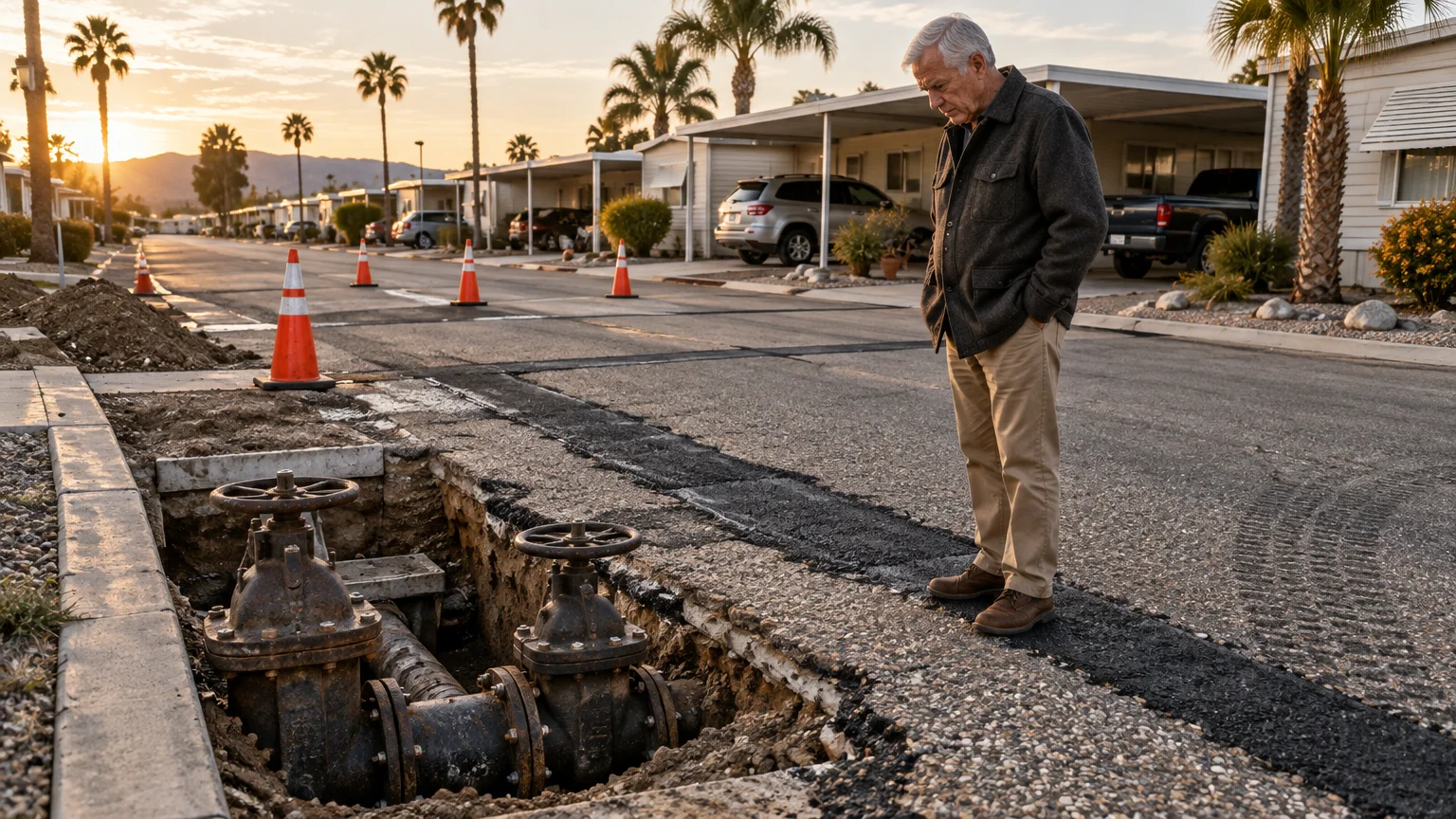 An older man looks down into a street excavation pit exposing large water valves and pipes in a mobile home park.
