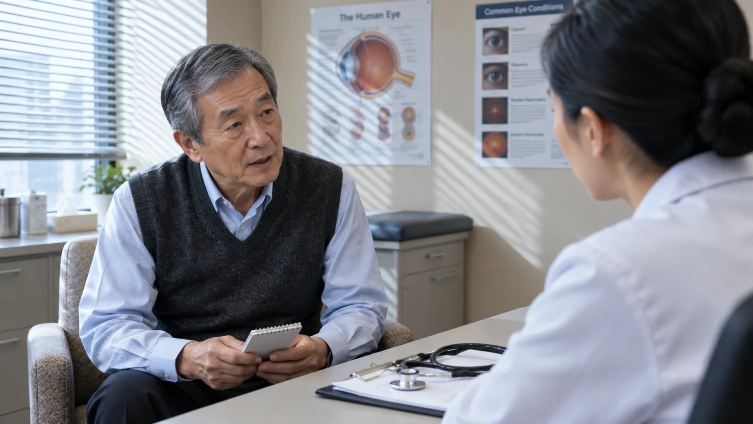 An older man holding a notepad speaks with a female doctor seated across a desk in a medical office.