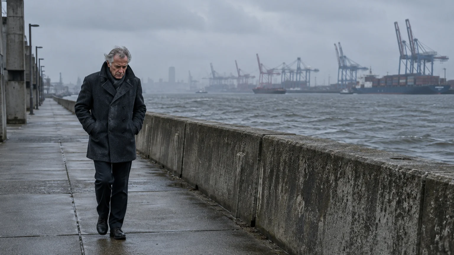 Older man in a dark coat walks along a wet concrete waterfront pier overlooking a harbor with shipping cranes.