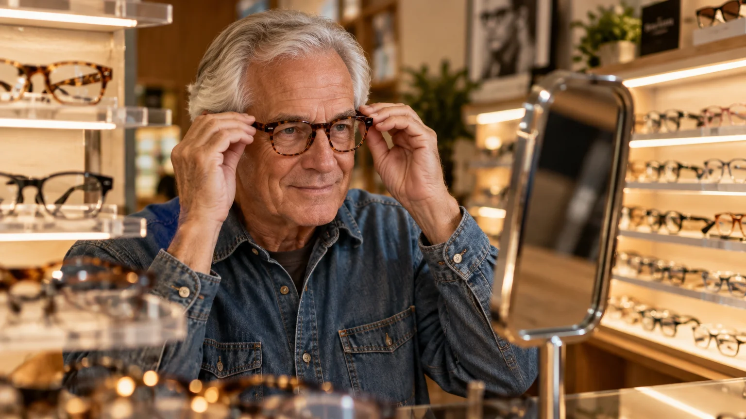 Senior man with gray hair trying on tortoiseshell eyeglasses while looking into a mirror in an optical store.