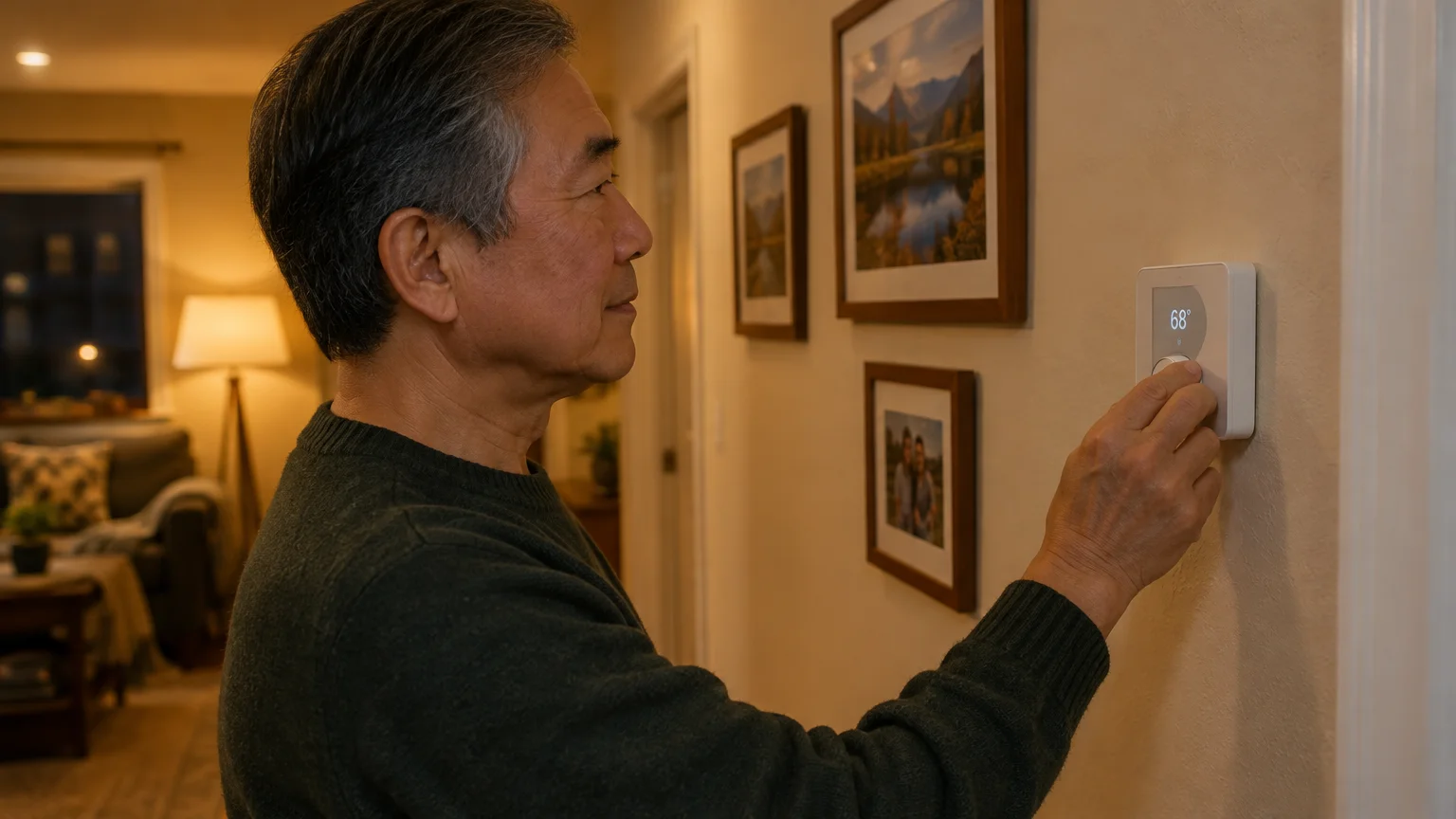 Senior man adjusting a digital wall thermostat displaying 68 degrees in a warmly lit hallway.