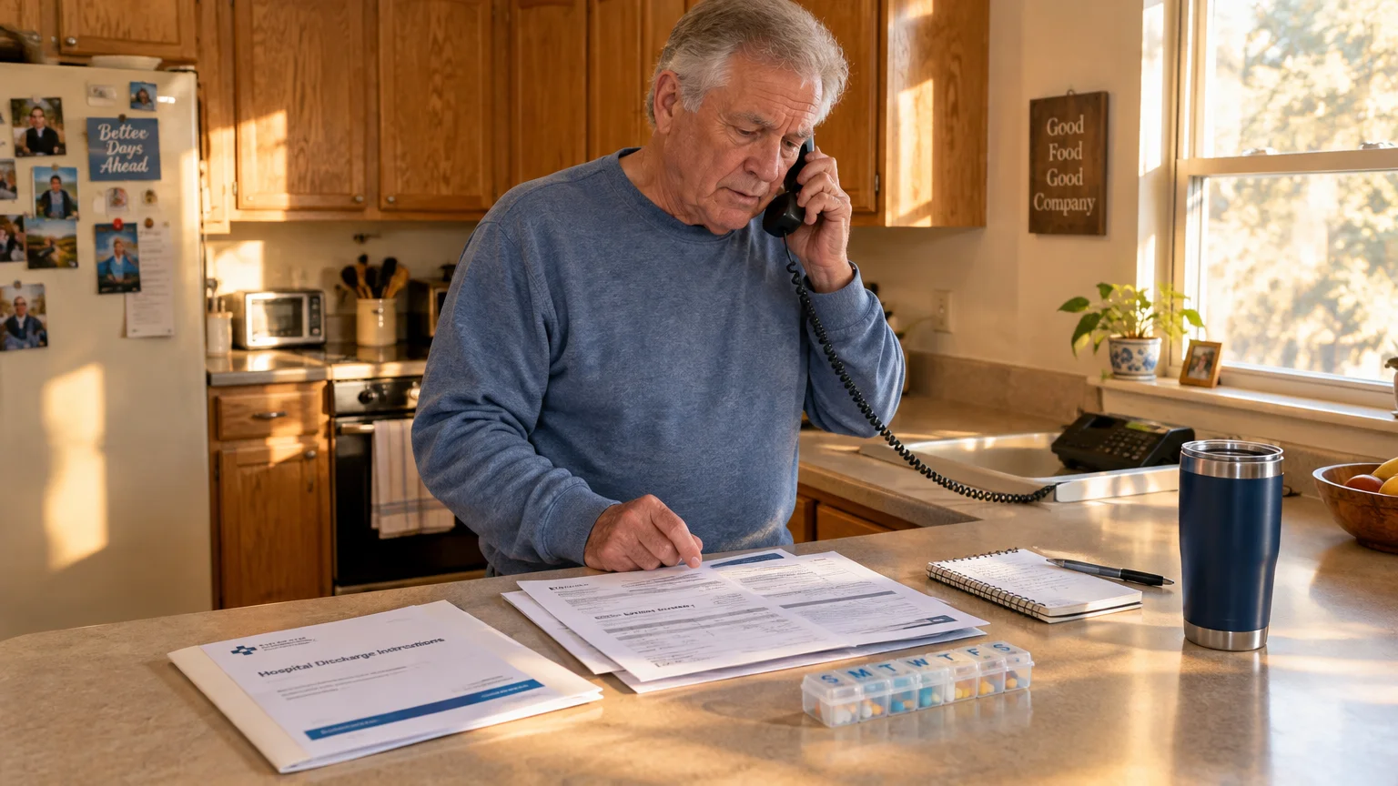 Older man talking on a landline phone in a kitchen while reviewing medical paperwork on the counter beside a pill organizer.